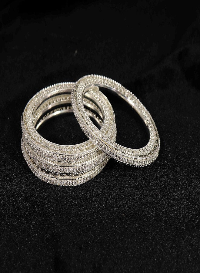 NMII Premium Gold Plated Metal American Diamond Bangles For Women & Girls | Traditional Golden Bangles | AD Stone Work | White Diamond Bangles Set For Wedding, Party, Ocassion-(MAH81-Silver-2.8) - Image 4