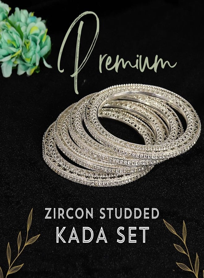 NMII Premium Gold Plated Metal American Diamond Bangles For Women & Girls | Traditional Golden Bangles | AD Stone Work | White Diamond Bangles Set For Wedding, Party, Ocassion-(MAH81-Silver-2.8) - Image 5