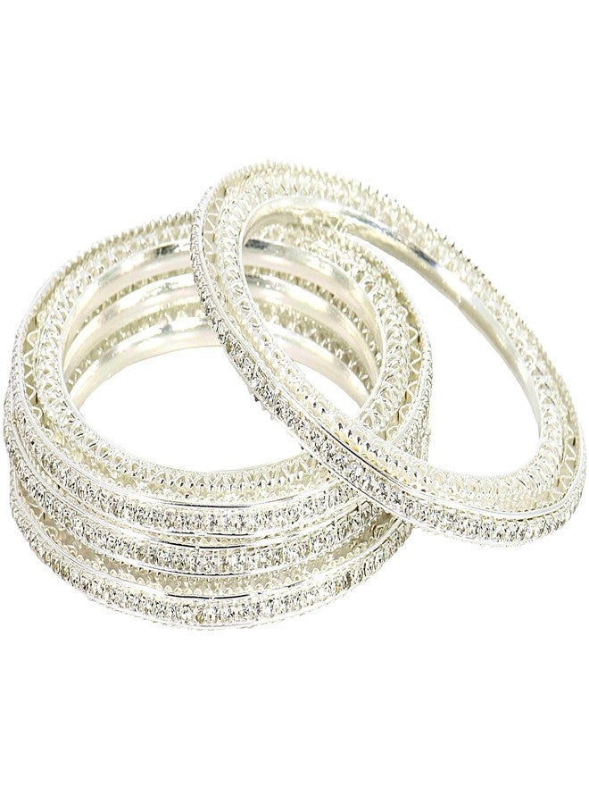 NMII Premium Gold Plated Metal American Diamond Bangles For Women & Girls | Traditional Golden Bangles | AD Stone Work | White Diamond Bangles Set For Wedding, Party, Ocassion-(MAH81-Silver-2.8) - Image 1