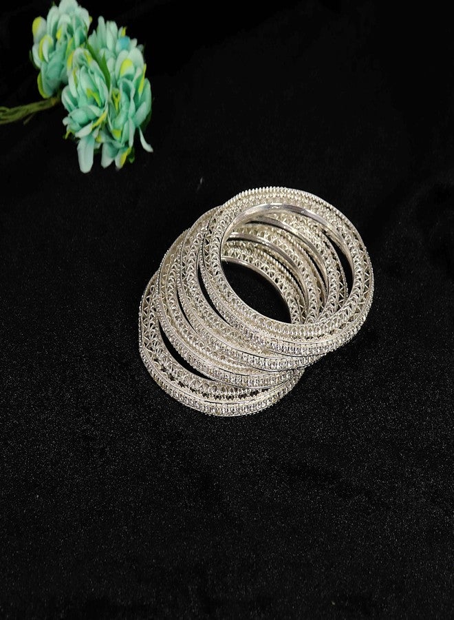 NMII Premium Gold Plated Metal American Diamond Bangles For Women & Girls | Traditional Golden Bangles | AD Stone Work | White Diamond Bangles Set For Wedding, Party, Ocassion-(MAH81-Silver-2.8) - Image 3