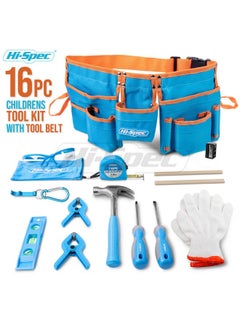 Hi-Spec 16Pc Blue Kids Tool Kit Set & Child Size Tool Belt. Real Metal Hand Tools For Diy Building, Woodwork & Construction Learning Tool Kit For Kids  - Image 2