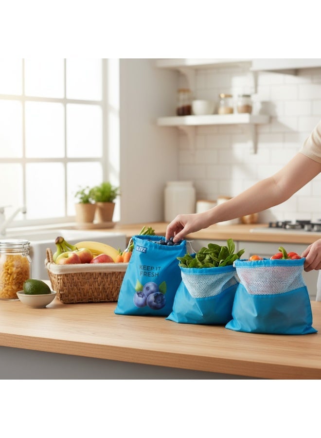 كليز أكياس كليز القابلة لإعادة الاستخدام لحفظ الفواكه والخضراوات والأعشاب طازجة | أكياس تخزين جيدة التهوية للفواكه والخضراوات والأعشاب | أكياس تسوق صديقة للبيئة، قابلة للغسل، ومُرمّزة بالألوان، مناسبة للثلاجة أو خزانة المؤن - Image 5