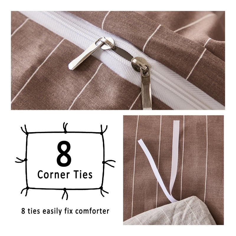 Merryword 100% Cotton Duvet Cover Set Queen Size, Brown Pinstripe Bedding Set with 2 Pillowcases, Soft Breathable Comforter Cover, Natural Cotton Linen Like Bedding Set for Cozy Home Bedroom - Image 5