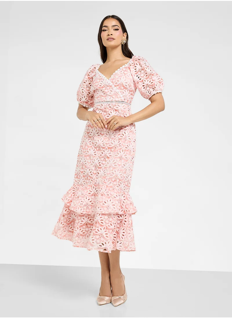 Just Me Puff Sleeve Ruffle Dress