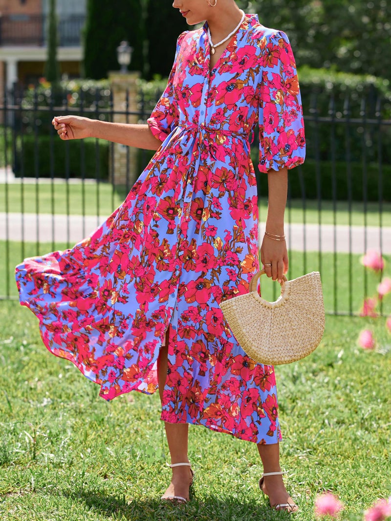 MASCOMODA Womens Floral Maxi Dresses Boho Summer Casual V Neck 3/4 Puff Sleeve Button Down Tie Waist Long Flowy Shirt Dress(Purple Red Floral,Medium) - Image 4