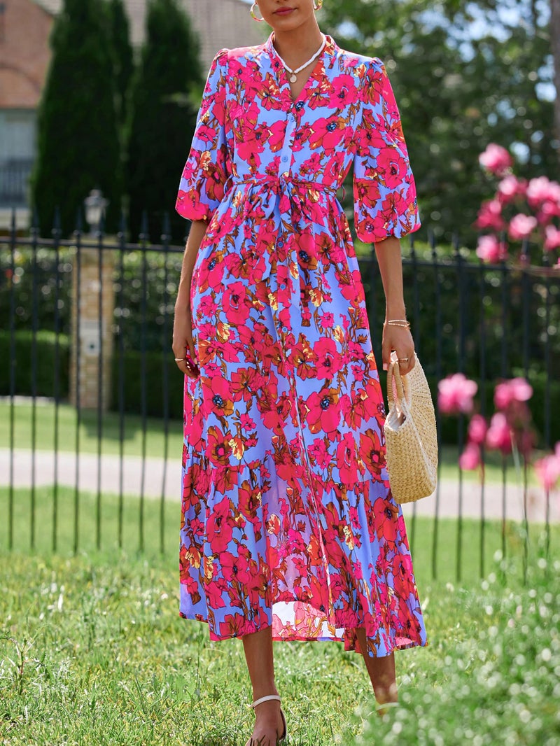 MASCOMODA Womens Floral Maxi Dresses Boho Summer Casual V Neck 3/4 Puff Sleeve Button Down Tie Waist Long Flowy Shirt Dress(Purple Red Floral,Medium) - Image 2