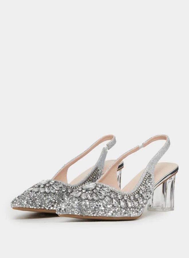 Take Two Silver Embellished Transparent Heel Sandals for Women | Best Price UAE