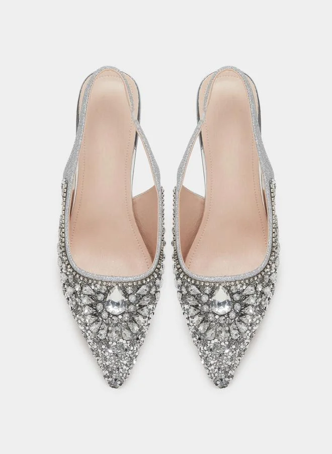 Take Two Silver Embellished Transparent Heel Sandals for Women | Best Price UAE