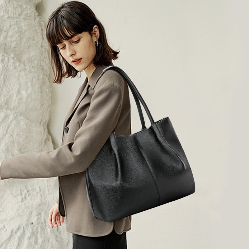 KKXIU Tote Bag for Women Vegan Leather Shoulder Purse Large Capacity Travel Bag (Black) - Image 2