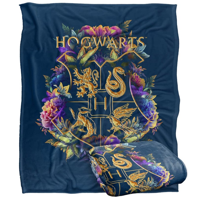 LOGOVISION Harry Potter Hogwarts Multi-Colored Floral Crest Officially Licensed Silky Touch Super Soft Throw Blanket 50"" x 60"" - Image 1