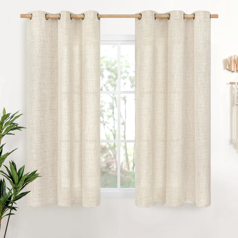 YoungsTex 48 Inches Long Linen Curtains for Short Window, Boho Semi Sheer Drapes Textured Light Filtering with Bronze Grommet Privacy for Bedroom Living Room Windows, 42 x 48 Inch, 2 Panels - Image 1