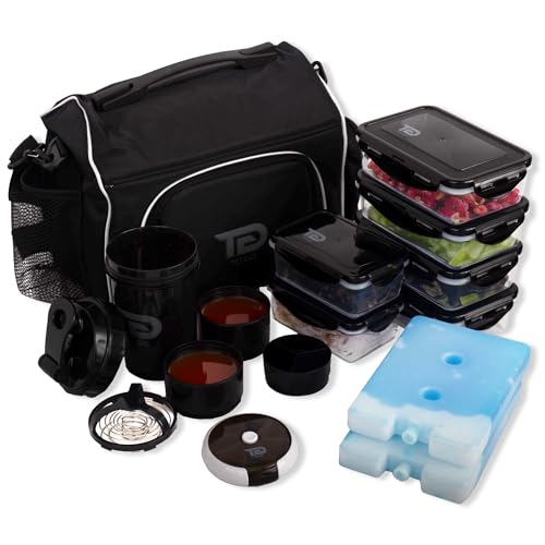 Togo TO GO Meal Prep Bag Insulated Lunch Meals Bag W/6 Portion Control Containers,2 ICE PACKS, Shaker, Pill Box,With an Adjustable shoulder. bag for meals (Black) - Image 1
