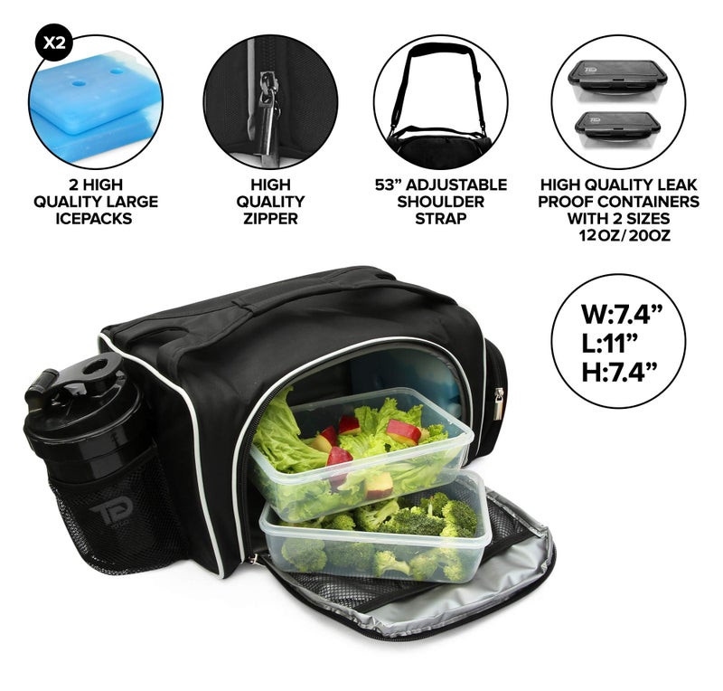 Togo TO GO Meal Prep Bag Insulated Lunch Meals Bag W/6 Portion Control Containers,2 ICE PACKS, Shaker, Pill Box,With an Adjustable shoulder. bag for meals (Black) - Image 4