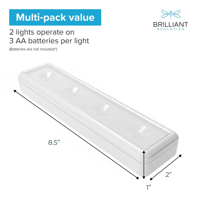 Brilliant Evolution Pack of 2 Wireless LED Stick on Lights Battery Operated Under Cabinet Lighting - 8.5 Inches Long - 65 Lumens Push Light for Kitchen, Closet, and Countertops - Image 3