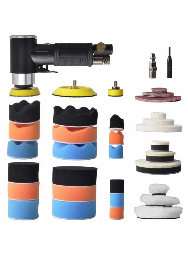 TOOLPEAK 48 Pcs mini random orbital air sander kit, high-speed mini air sander polisher, Includes 1-inch and 2-inch and 3-inch polisher pad kit polishing sponge & wool pads sandpapers, pneumatic sander kit - Image 1