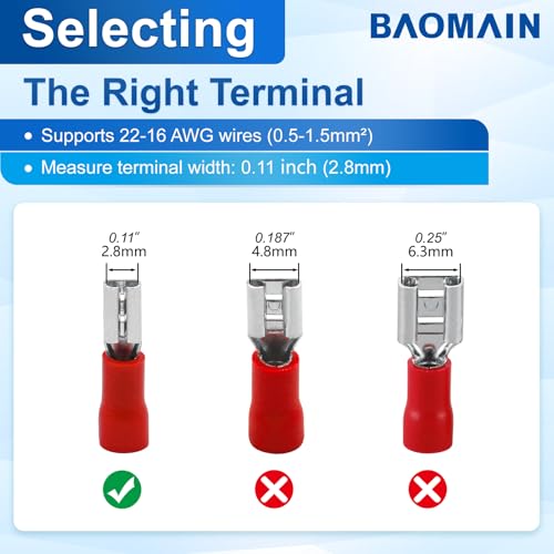 Baomain 0.11" Female Quick Disconnect Spade Terminals,Insulated Crimp Connectors 22-16 AWG 2.8mm,Red, (100-Pack) - Image 4