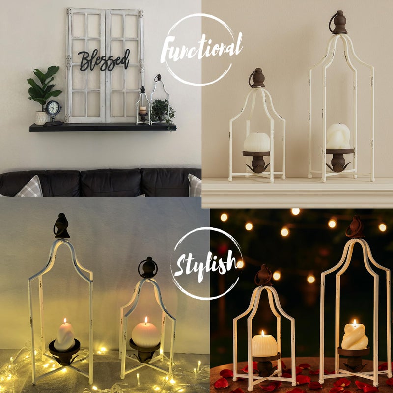 Fenisam 12.5" & 16.5" Timeless Cozy Decorative Lanterns Set of 2, Handcrafted Metal Iron Candle Holders, Farmhouse Elegance Fireplace Mantel Table Festive Gatherings Decor - Image 3