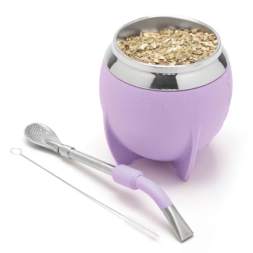 BALIBETOV Yerba Mate Cup And Bombilla Set, Includes Stainless steel Yerba Mate Gourd, Premium Bombilla Mate and Cleaning Brush (Lilac) - Image 1