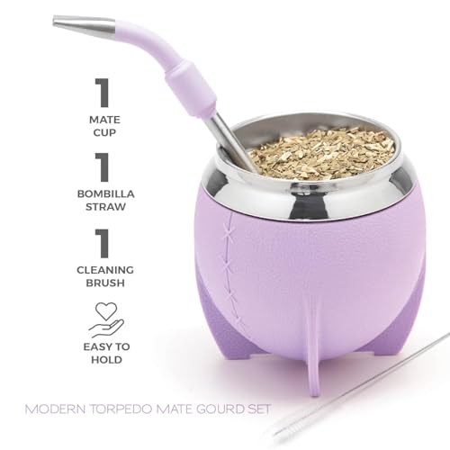 BALIBETOV Yerba Mate Cup And Bombilla Set, Includes Stainless steel Yerba Mate Gourd, Premium Bombilla Mate and Cleaning Brush (Lilac) - Image 2