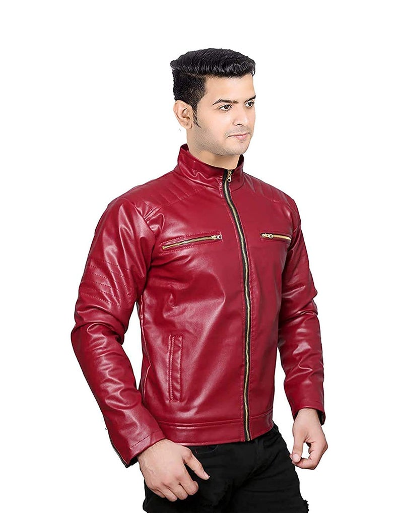 JMP Men's Biker Leather Jacket (Red,Small) - Image 5