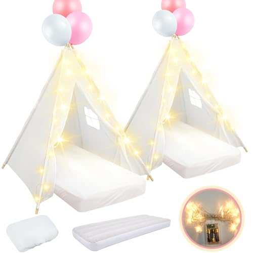 Lemosae 2 Pack Kids Teepee Tent with MattressFitted SheetLight StringWashable Natural Cotton Toddler Play Tent for Girls Boys Indoor Outdoor Sleepover Slumber Birthday PartyWhite - Image 1