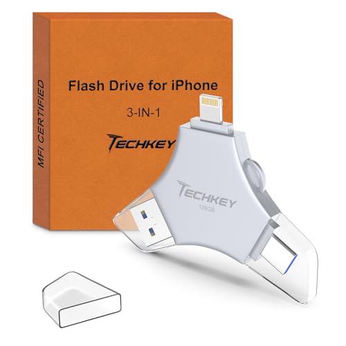 TECHKEY MFi Certified USB 3.0 Flash Drive 128GB for iPhone, 3in1 External Memory Photo Keeper Storage Stick for Picture/Video/Data Saver/Backup, High Speed Thumb/Jump/Hard Drives for iPhone/iPad/Android/PC - Image 1