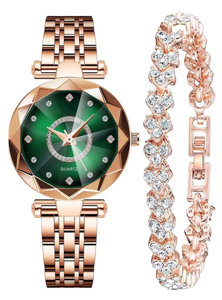 Reginald Women Watches with Bracelet Rose Gold for Lady Elegant Stainless Steel Strap Fashion Analog Creative Diamond Dial Wrist Watch Green 2 - Image 2