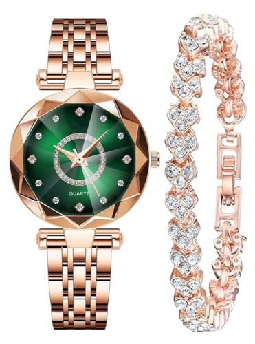 Reginald Women Watches with Bracelet Rose Gold for Lady Elegant Stainless Steel Strap Fashion Analog Creative Diamond Dial Wrist Watch Green 2 - Image 1