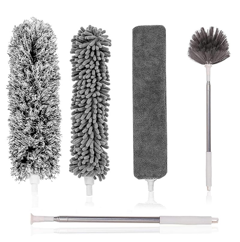 Tiumso Microfiber Feather Duster 5in1 Kit Dusters for Cleaning Duster with Extension Pole 100 Inches Cobweb Duster Microfiber Dusters for High Ceilings and Fans Blinds Cars and Furniture