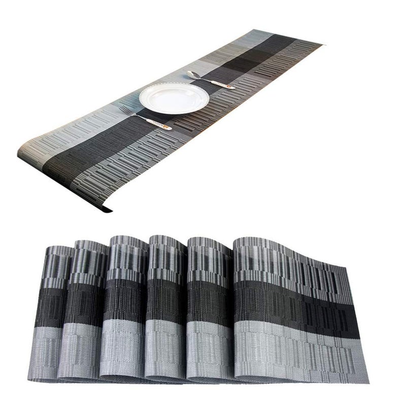 Placemats with Table Runner Set Place Mats Woven Crossweave Vinyl Kitchen Tablemat Washable PVC Table Mats for Dining Table Parties Farmhouse Thanksgiving Christmas  Gathering Silver  Black