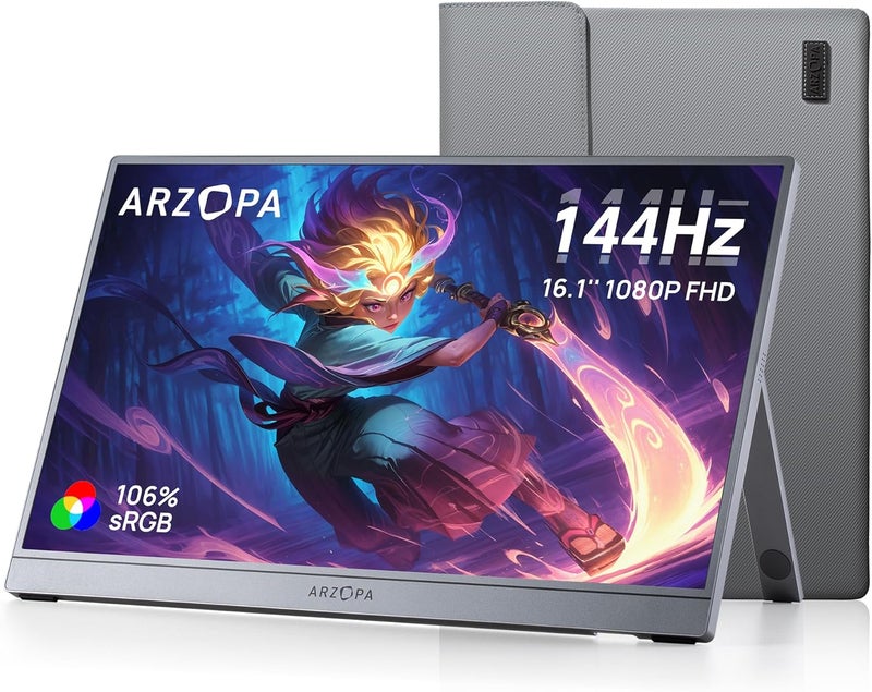 ARZOPA 16.1'' 144Hz Portable Gaming Monitor, 106% sRGB 1080P FHD Kickstand Portable Monitor with HDR, Ultra Slim, Eye Care, External Second Screen for Laptop, PC, PS5, Mac, Xbox-Z1FC GREY - Image 1