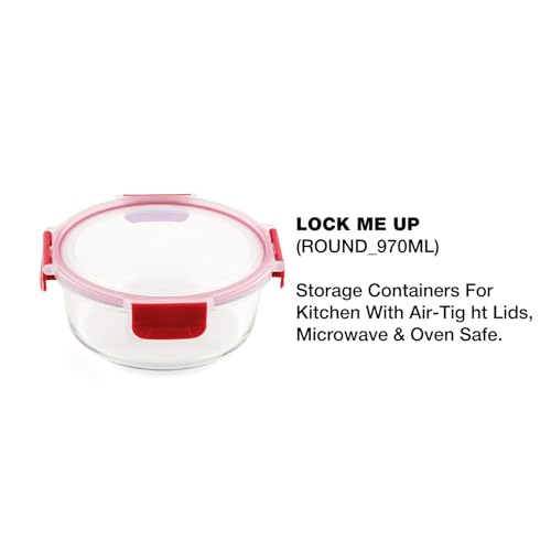 DUBBLIN Lock Me Up Glass Heat Resistant Borosilicate Glass Container 970ml - Round, Clear | Oven, Freezer & Microwave Safe Storage Solution (1 Piece) - Image 2