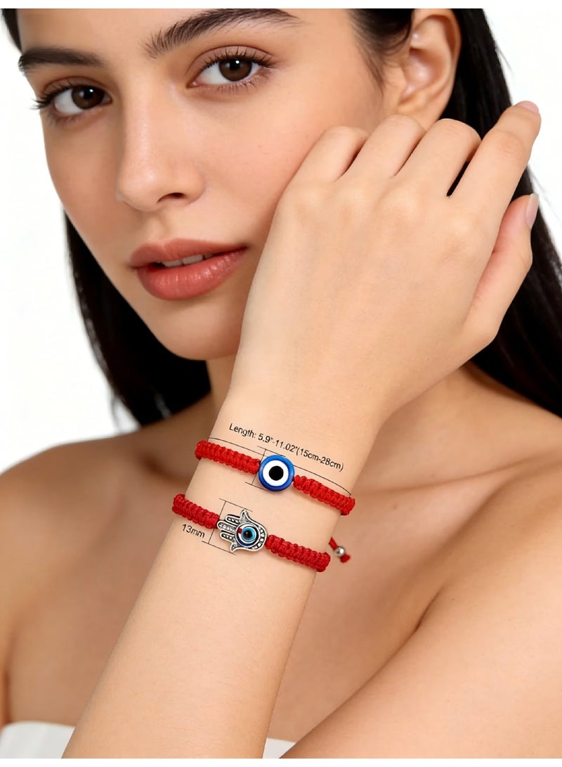 سواران من قطعتين بتصميم عين الحسد للنساء، خيط أحمر قابل للتعديل، خيط مضفر بسبع عقد لجلب الحظ، أساور تميمة يد همسة للرجال والنساء، هدايا مجوهرات - Image 3