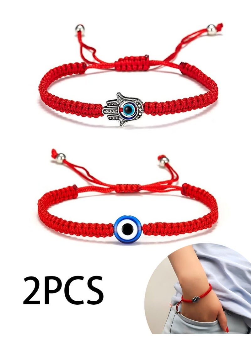 سواران من قطعتين بتصميم عين الحسد للنساء، خيط أحمر قابل للتعديل، خيط مضفر بسبع عقد لجلب الحظ، أساور تميمة يد همسة للرجال والنساء، هدايا مجوهرات - Image 1
