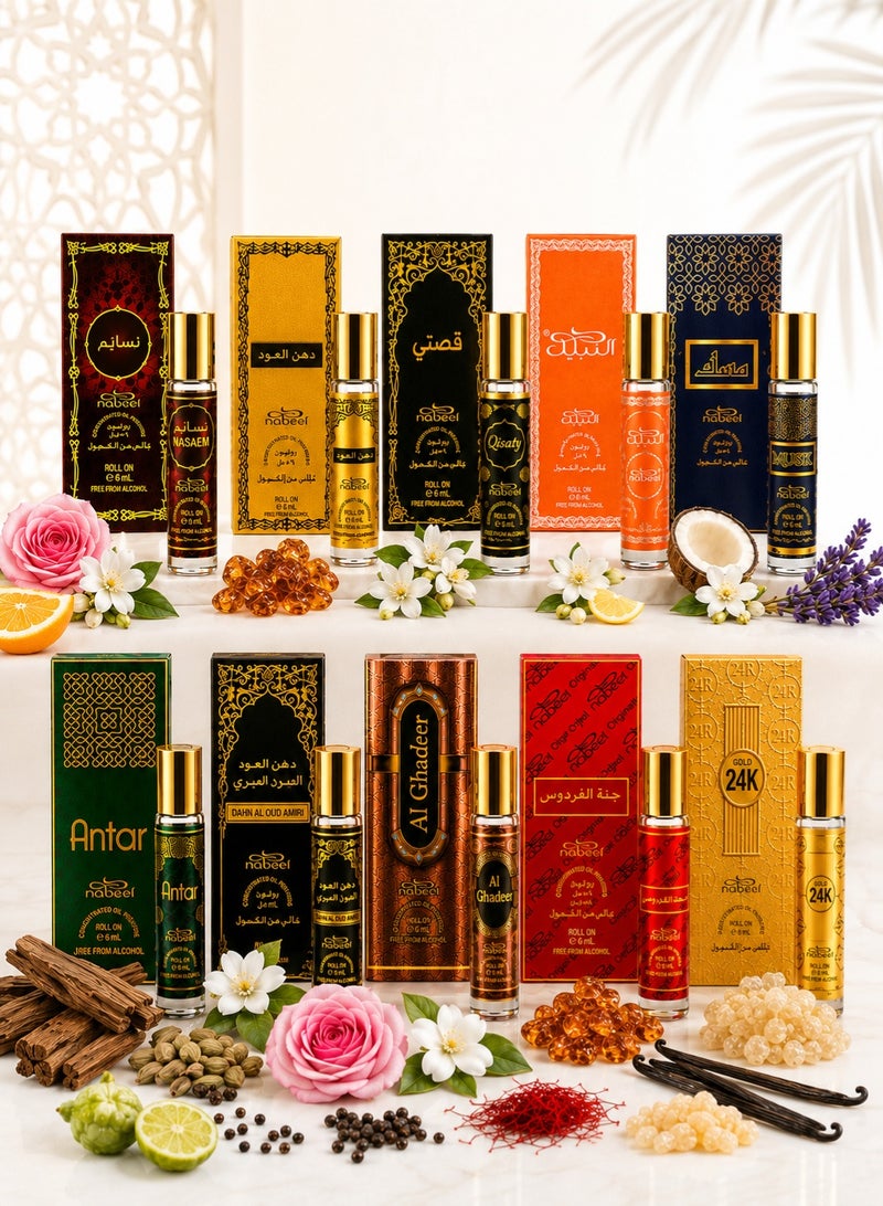 Nabeel 10 Pieces Roll On Collection Nabeel Dahn Al Oud Amiri Nasaem Jannet El Firdaus Musk Qisaty Antar Gold Al Ghadeer 6 ML - Image 2
