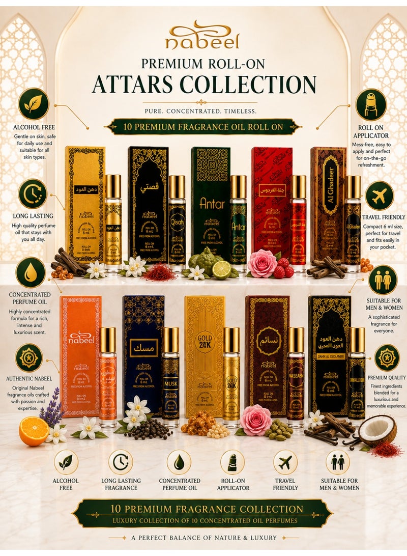 Nabeel 10 Pieces Roll On Collection Nabeel Dahn Al Oud Amiri Nasaem Jannet El Firdaus Musk Qisaty Antar Gold Al Ghadeer 6 ML - Image 3