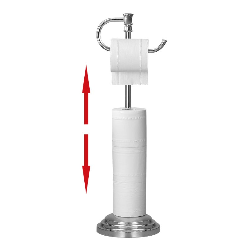 RUMOSE حامل ورق المرحاض RUMOSE للوقوف على الأرض بكروم مصقول قابل للتعديل من 124 إلى 228 حامل ورق المرحاض الحر مع تخزين من الفولاذ المقاوم للصدأ