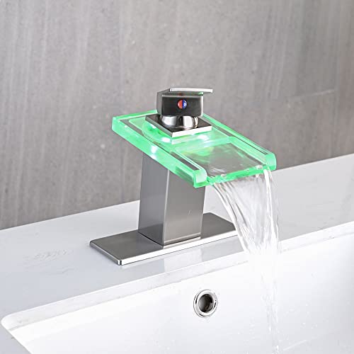 AVSIILE LED Bathroom Sink Faucet, Brushed Nickel Waterfall Single Hole Handle Vanity Faucets for Sinks 1 Hole with Metal Pop Up Drain and 2 Water Supply Lines, Open Glass Spout - Image 2