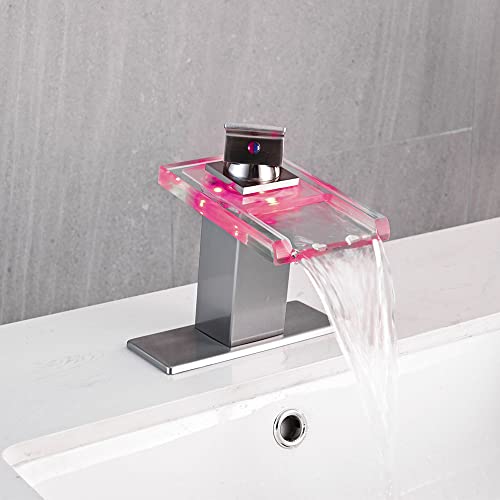 AVSIILE LED Bathroom Sink Faucet, Brushed Nickel Waterfall Single Hole Handle Vanity Faucets for Sinks 1 Hole with Metal Pop Up Drain and 2 Water Supply Lines, Open Glass Spout - Image 3