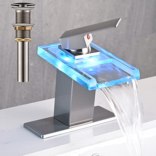 AVSIILE LED Bathroom Sink Faucet, Brushed Nickel Waterfall Single Hole Handle Vanity Faucets for Sinks 1 Hole with Metal Pop Up Drain and 2 Water Supply Lines, Open Glass Spout - Image 1