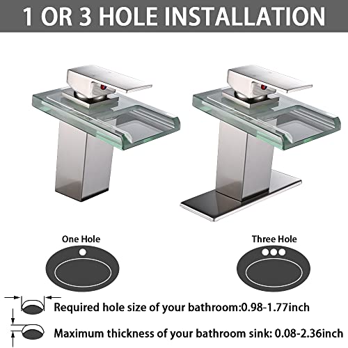 AVSIILE LED Bathroom Sink Faucet, Brushed Nickel Waterfall Single Hole Handle Vanity Faucets for Sinks 1 Hole with Metal Pop Up Drain and 2 Water Supply Lines, Open Glass Spout - Image 4