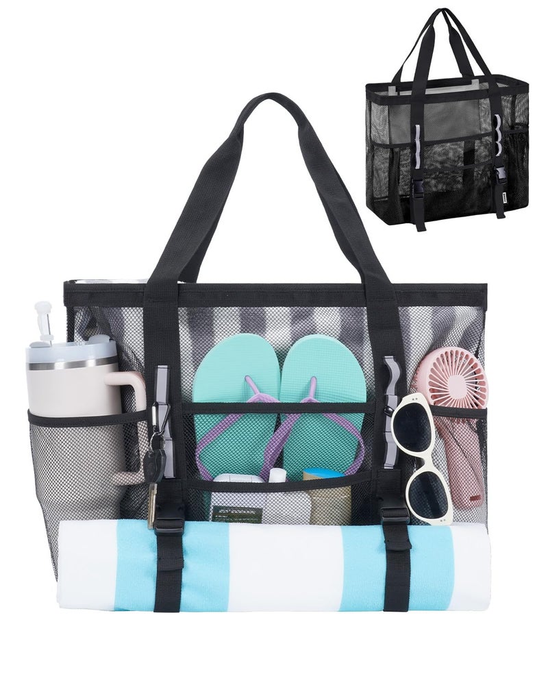WANDF Mesh Beach Bag for Women Large Beach Tote Bags with 40oz Tumbler Side Pockets Family Pool Bag for Swim Toys Towels Cruise Vacation Essentials Black - Image 2