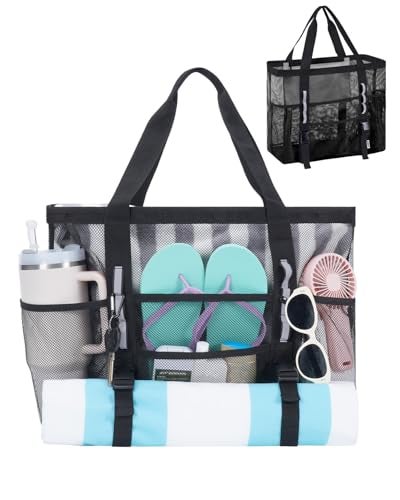 WANDF Mesh Beach Bag for Women Large Beach Tote Bags with 40oz Tumbler Side Pockets Family Pool Bag for Swim Toys Towels Cruise Vacation Essentials Black - Image 1