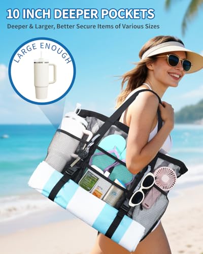 WANDF Mesh Beach Bag for Women Large Beach Tote Bags with 40oz Tumbler Side Pockets Family Pool Bag for Swim Toys Towels Cruise Vacation Essentials Black - Image 3