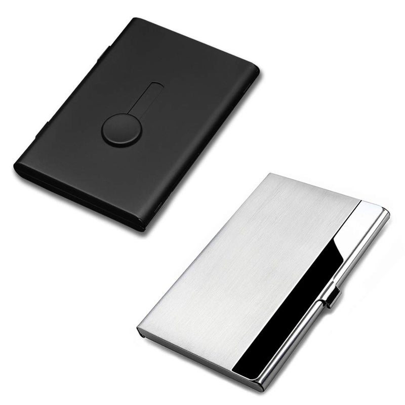 SENHAI 2 Pcs Business Card Holders, Professional Thumb-Drive Slide Out Business Card Case and Stainless Steel ID Name Wallet Credit Card Holder for Men and Women - Black - Image 1