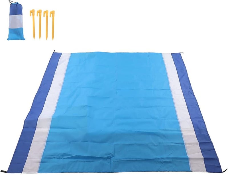 Portable Picnic Mat Foldable Oversized Sand Prevention Beach Blanket Blue White Stripes - Image 1