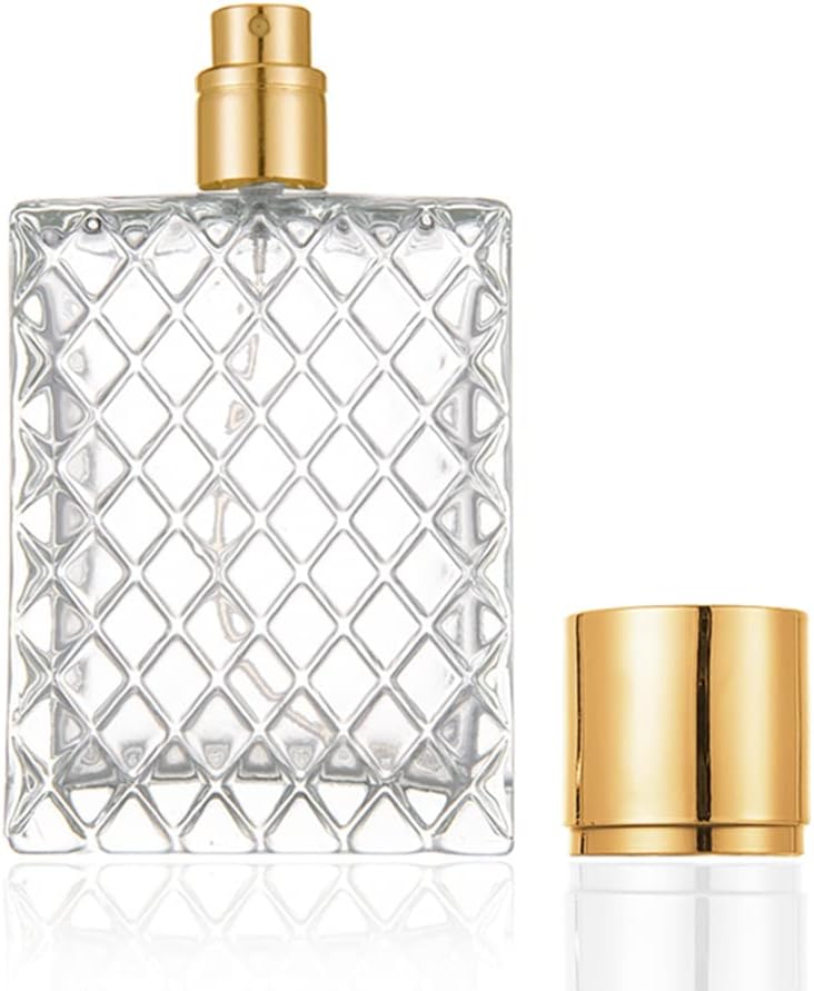 Enslz 100ml/3.4Oz Clear Glass Fine Mist Atomizer,Portable Square Refillable Empty Perfum Spray Bottle Travel Atomizer Bottle Gold Cap