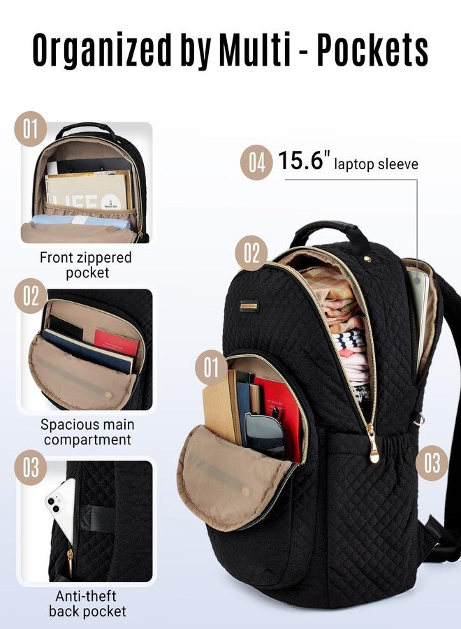 LIGHT FLIGHT Travel Laptop Backpack for Women, 15.6 Inch Laptop Backpack with USB Charging Hole Water Resistant Computer Backpack for Work, Quilted Black - Image 2