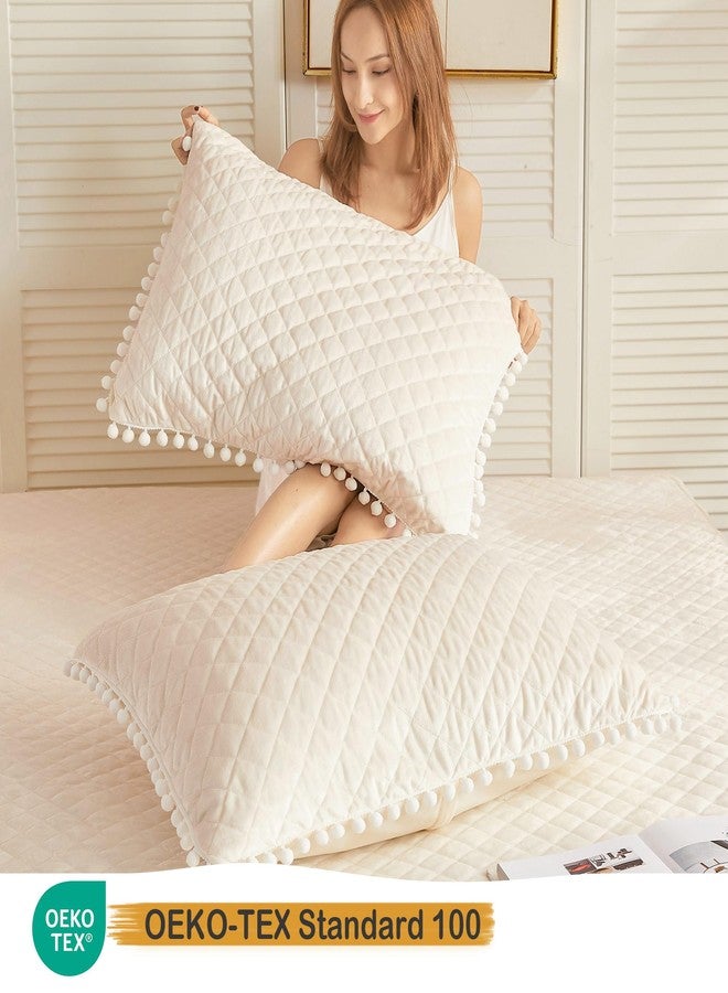LIFEREVO Set of 2 Diamond Quilted Velvet Bed Pillowcases 20"x26", Pom Poms Fringe Decorative Throw Pillow Shams, Soft Bed Pillow Cases Zipper Closure for Teen's Girls Bedroom (Beige, Standard) - Image 3