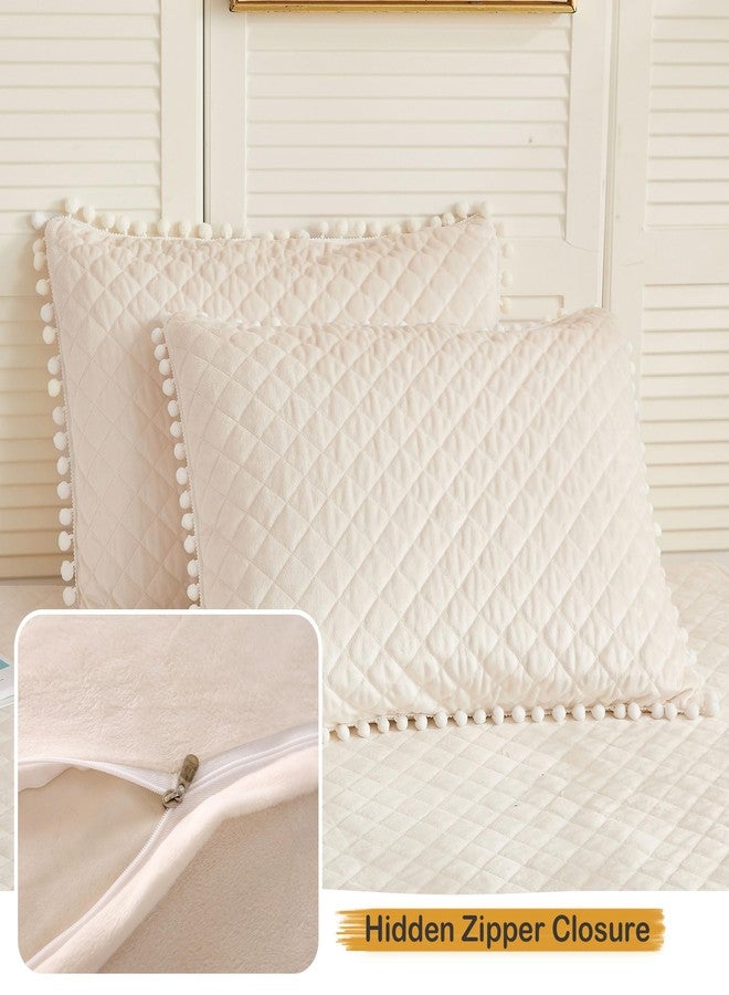 LIFEREVO Set of 2 Diamond Quilted Velvet Bed Pillowcases 20"x26", Pom Poms Fringe Decorative Throw Pillow Shams, Soft Bed Pillow Cases Zipper Closure for Teen's Girls Bedroom (Beige, Standard) - Image 4